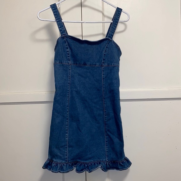 Forever 21 Small Denim Bodycon Mini Dress Ruffled Hem - Picture 1 of 13